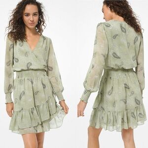 MICHAEL BY MICHAEL KORS Paisley Print Smocked Tiered Long Sleeve Dress S…